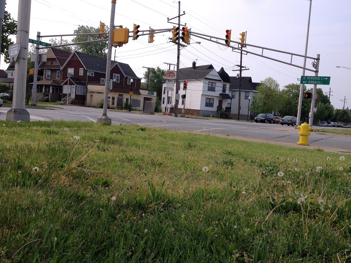 A street corner with houses in Calumet City, Illinois. Photo: Playhertwo garcia, CC BY-SA 3.0, via Wikimedia Commons.